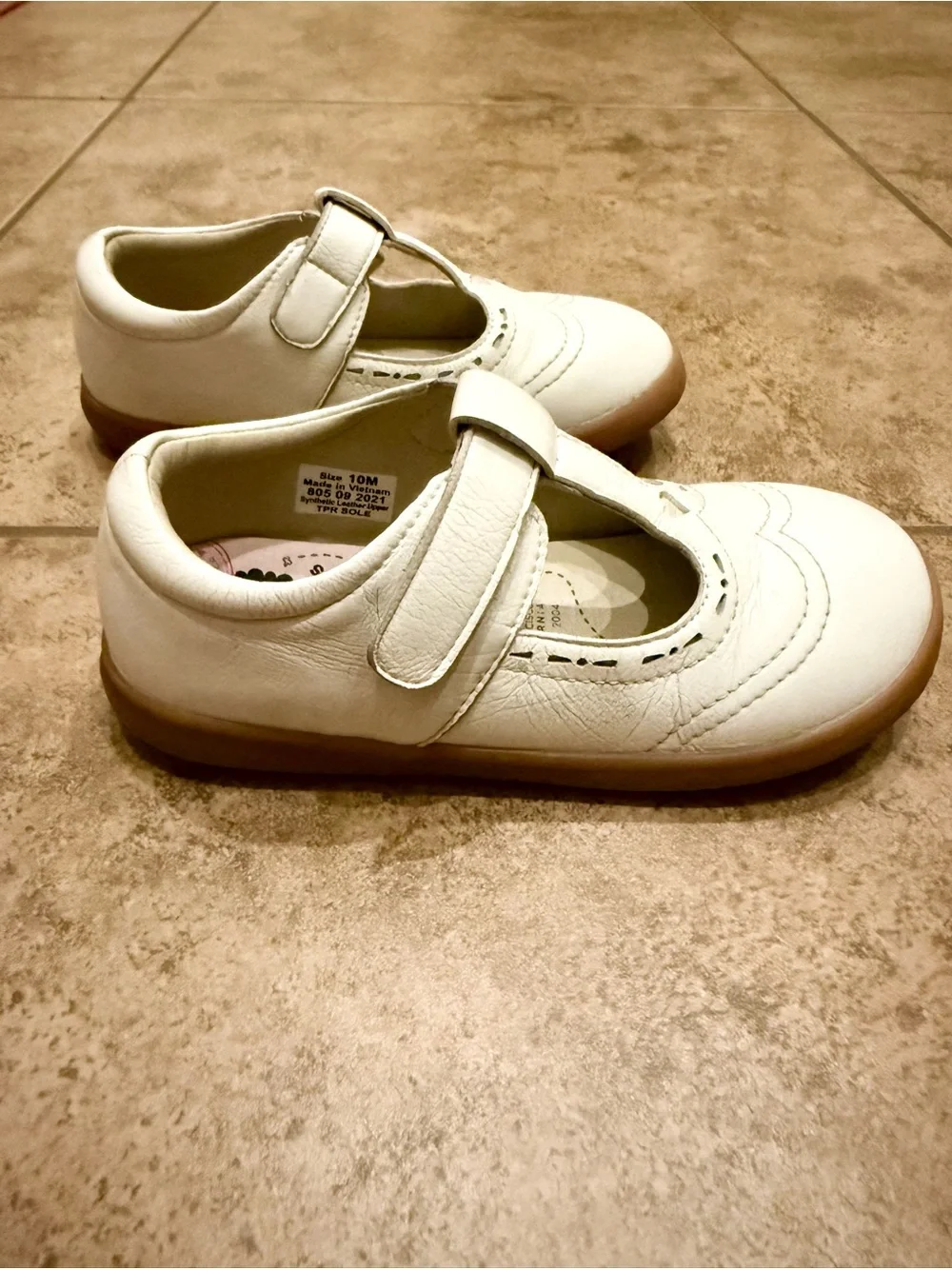 Livie & Luca White T-Strap Mary Jane Shoes with Tan Sole